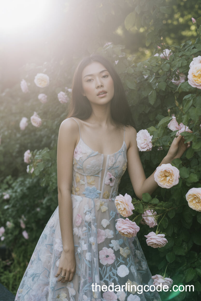 Pastel Floral Appliqué Sheer Overlay Gown