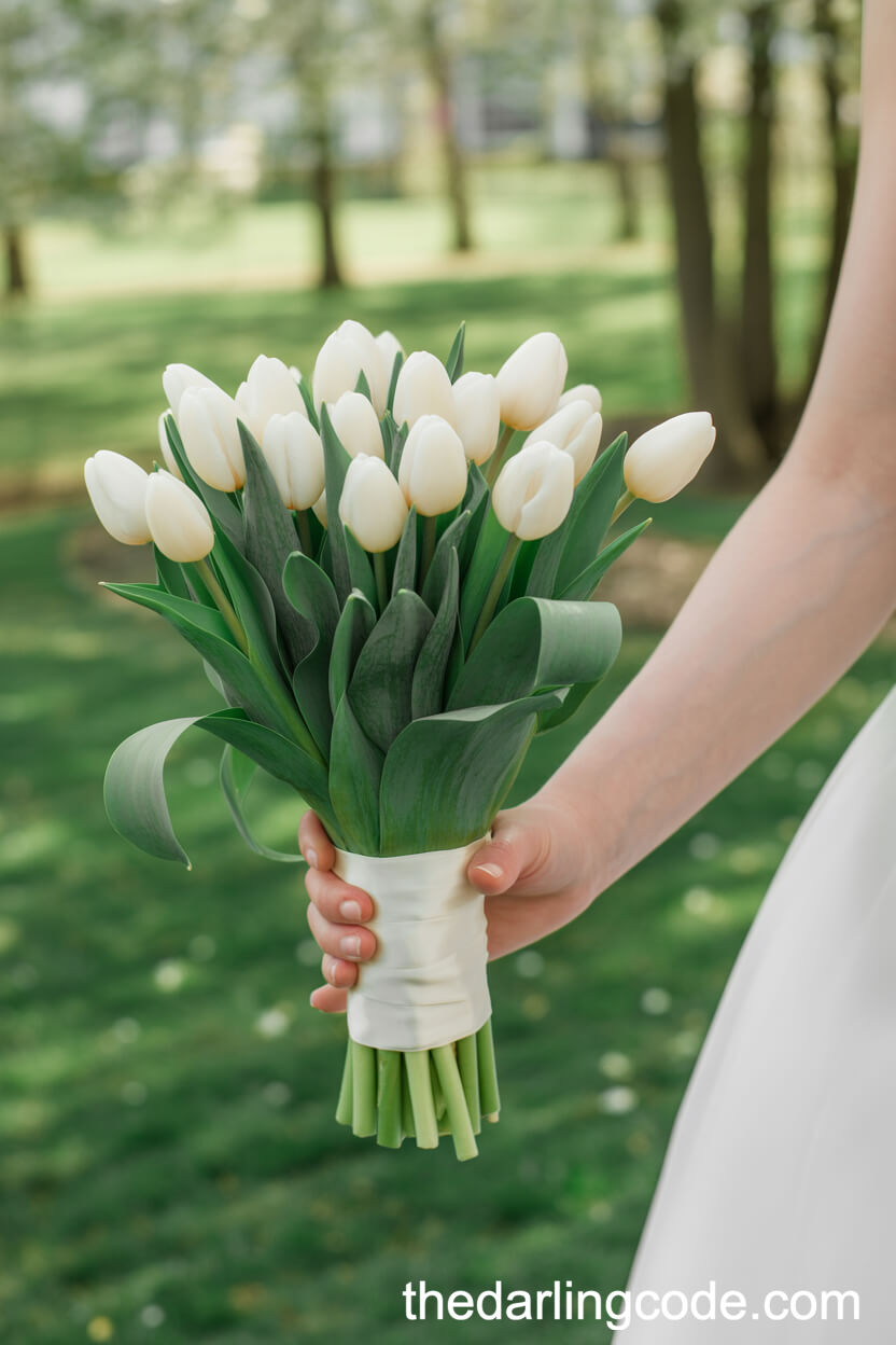 Classic White Tulip Bouquet With Ivory Satin Ribbon