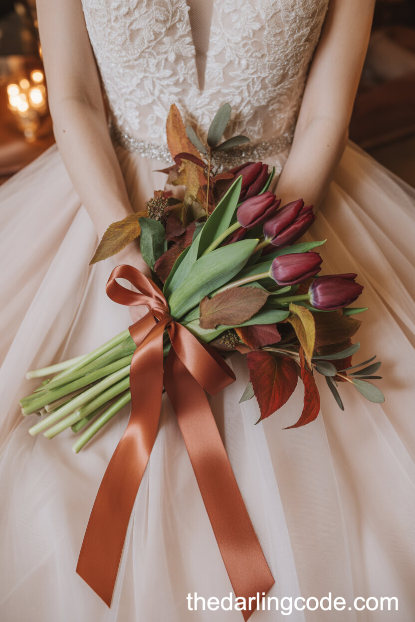 Burgundy Tulip And Autumn Leaves Bridal Bouquet