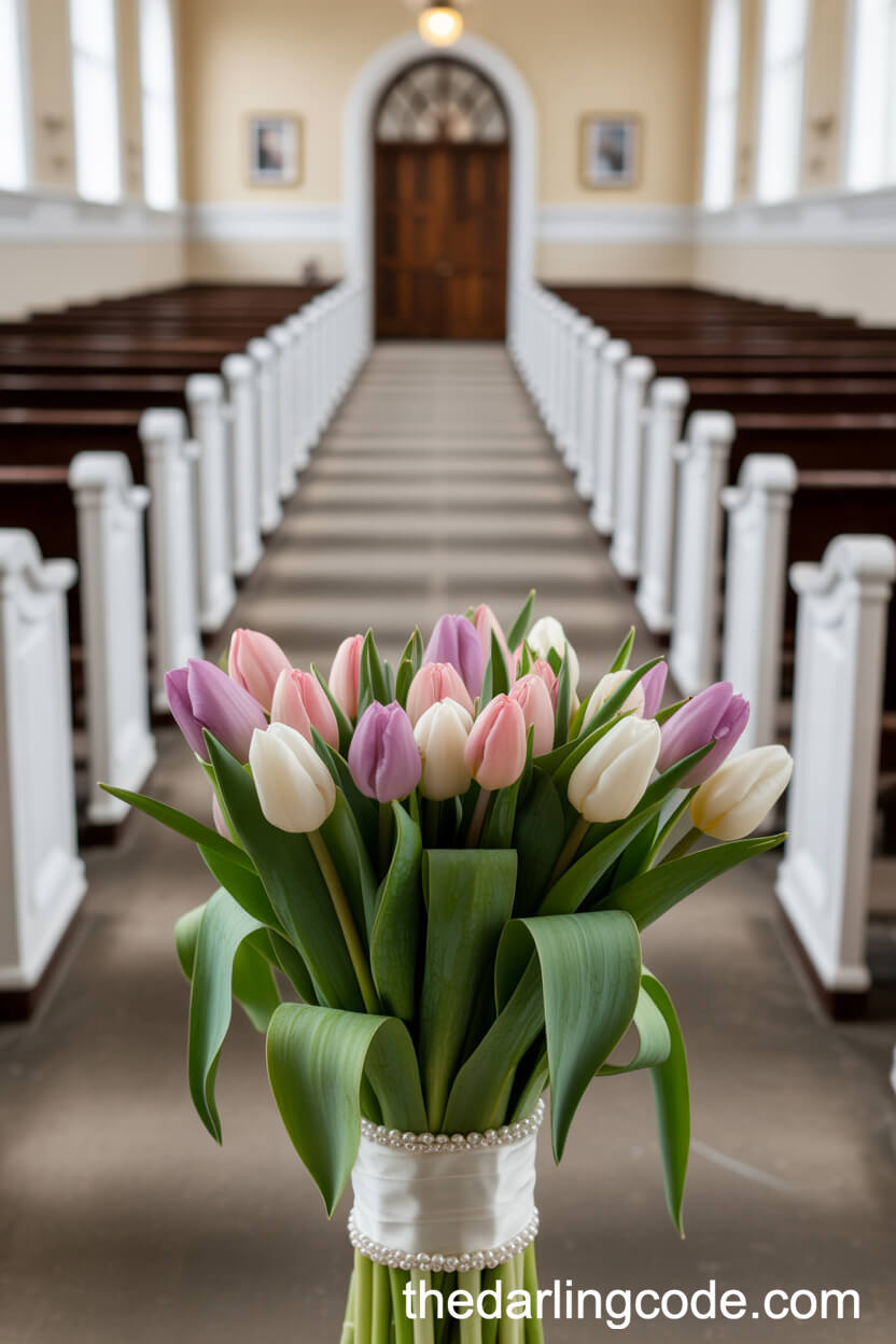 Pastel Tulip Bouquet With Pearl-Pinned Ribbon