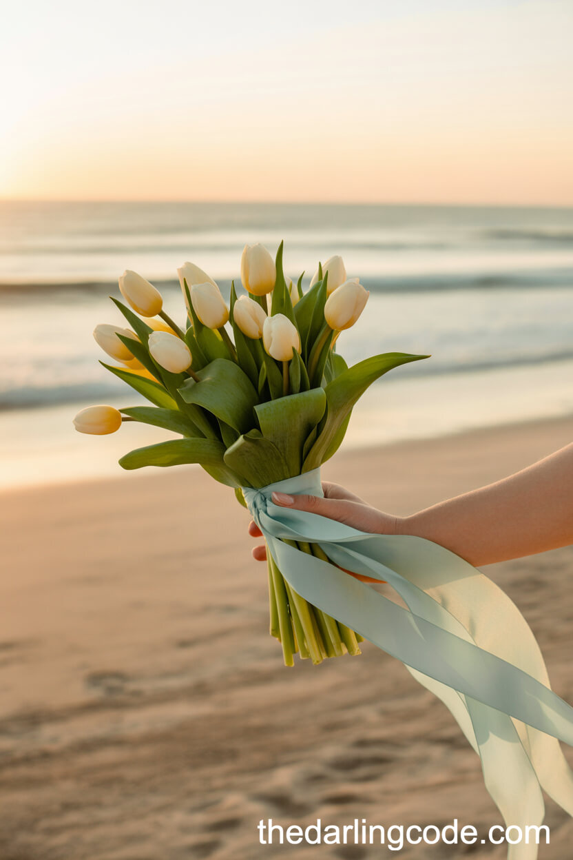 Creamy Yellow Tulip Bouquet With Pale Blue Ribbon