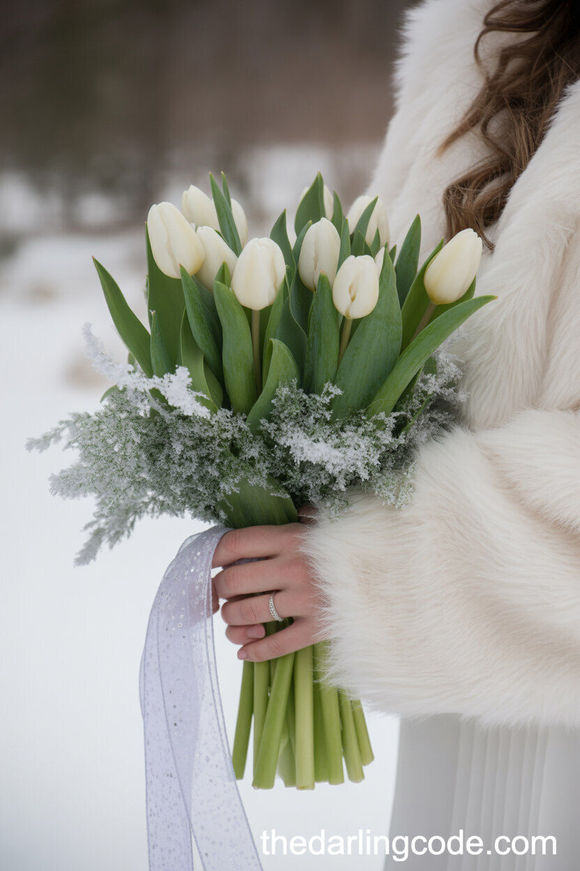 White Tulip And Frosted Greenery Winter Bouquet