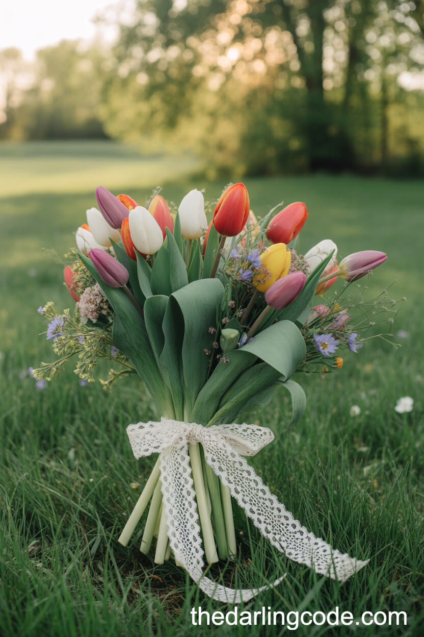 Cottagecore Tulip And Wildflower Bridal Bouquet