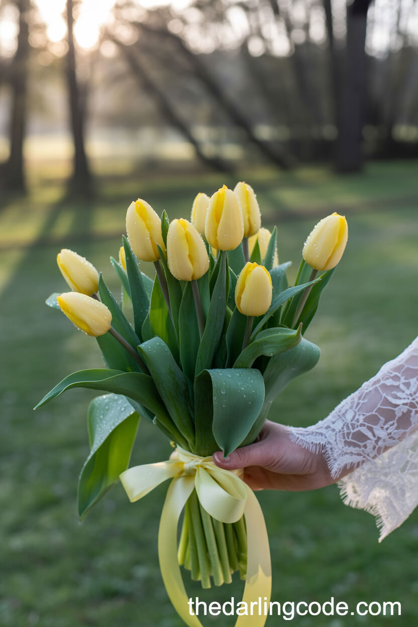 Dew-Kissed Yellow Tulip Woodland Bouquet