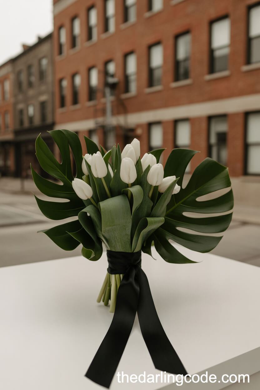 Modern White Tulip And Monstera Leaf Bridal Bouquet