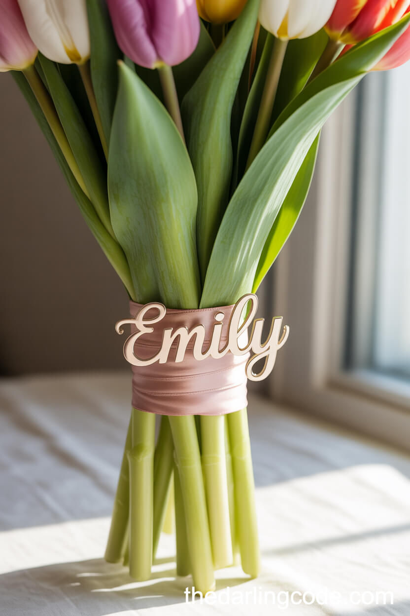 Personalized Tulip Bouquet With Engraved Ribbon Charm