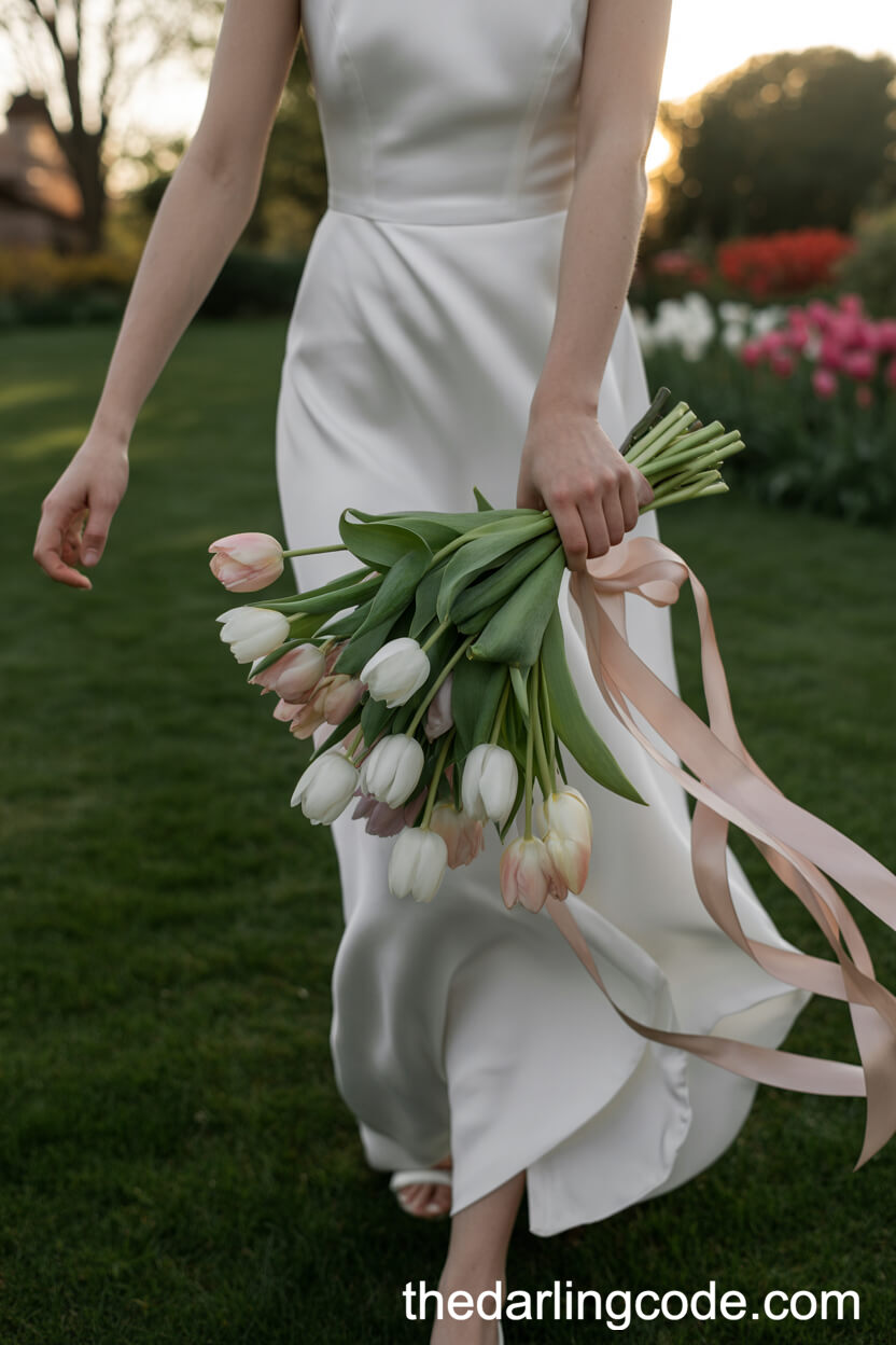 Flowing Blush And White Tulip Ribbon Bouquet