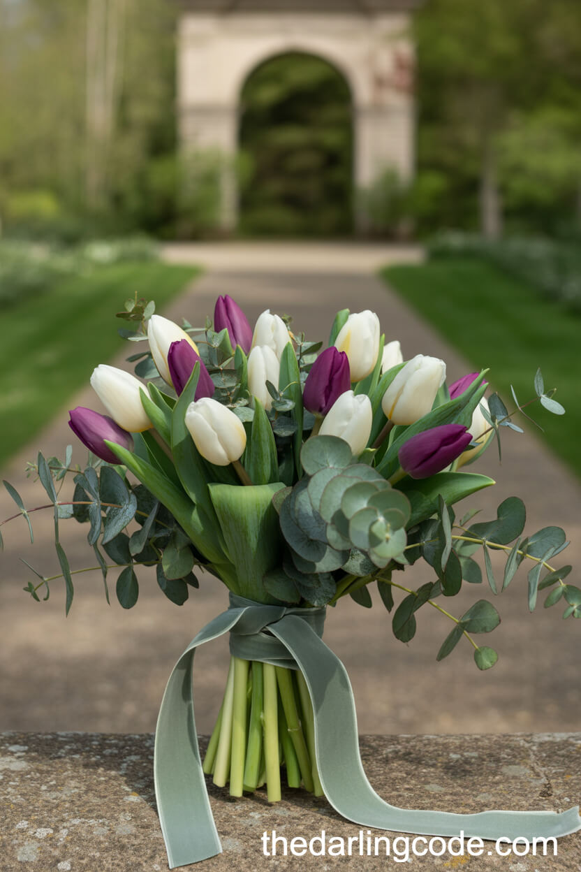 White And Purple Tulip Bouquet With Eucalyptus Accents