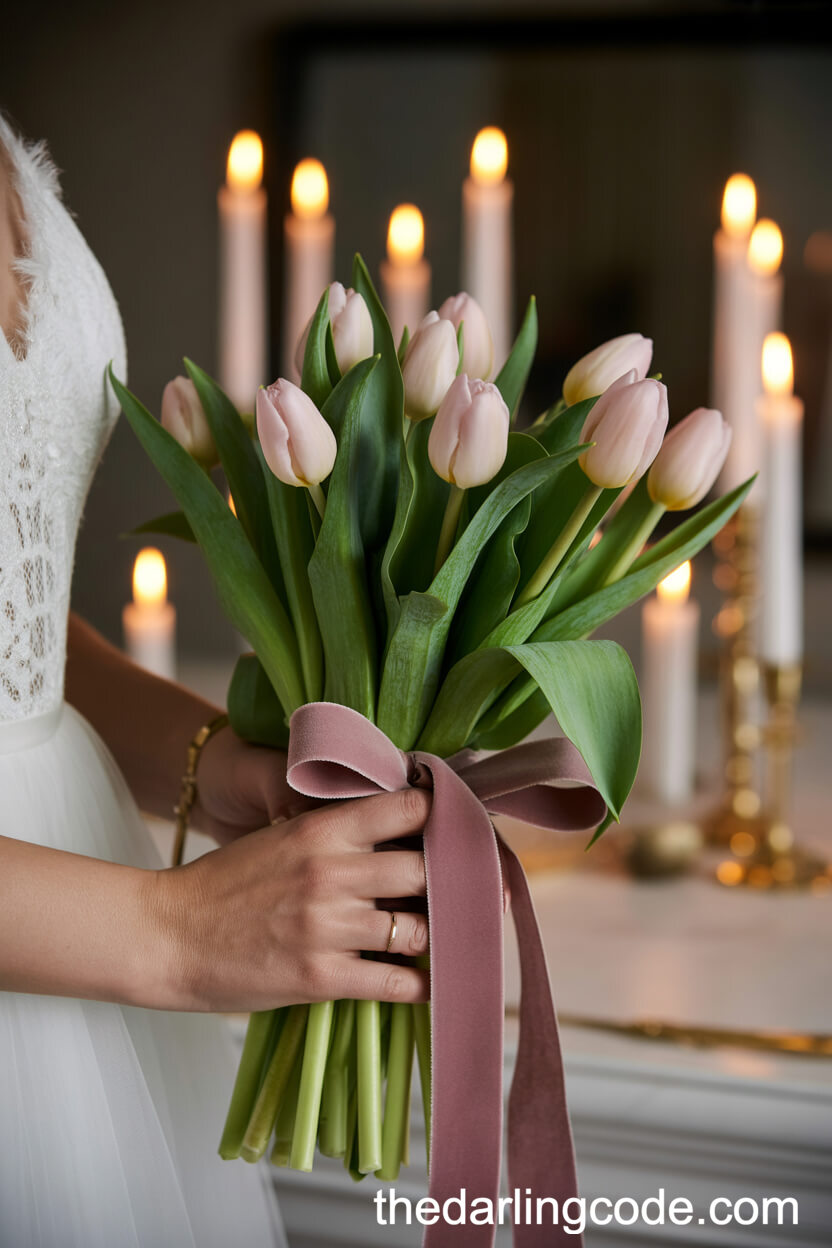 Blush Tulip Bouquet With Dusty Mauve Ribbon