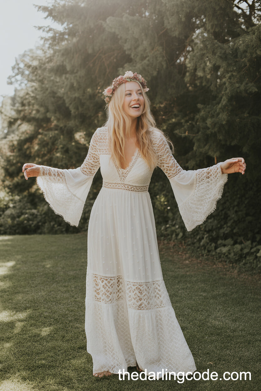 Bohemian Lace Wedding Dress With Bell Sleeves