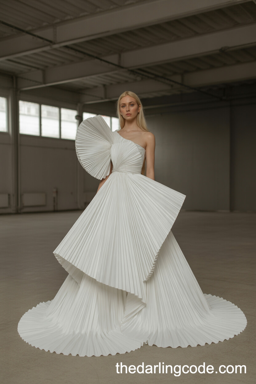 Sculptural Pleated Wedding Dress With Asymmetric One-Shoulder Neckline