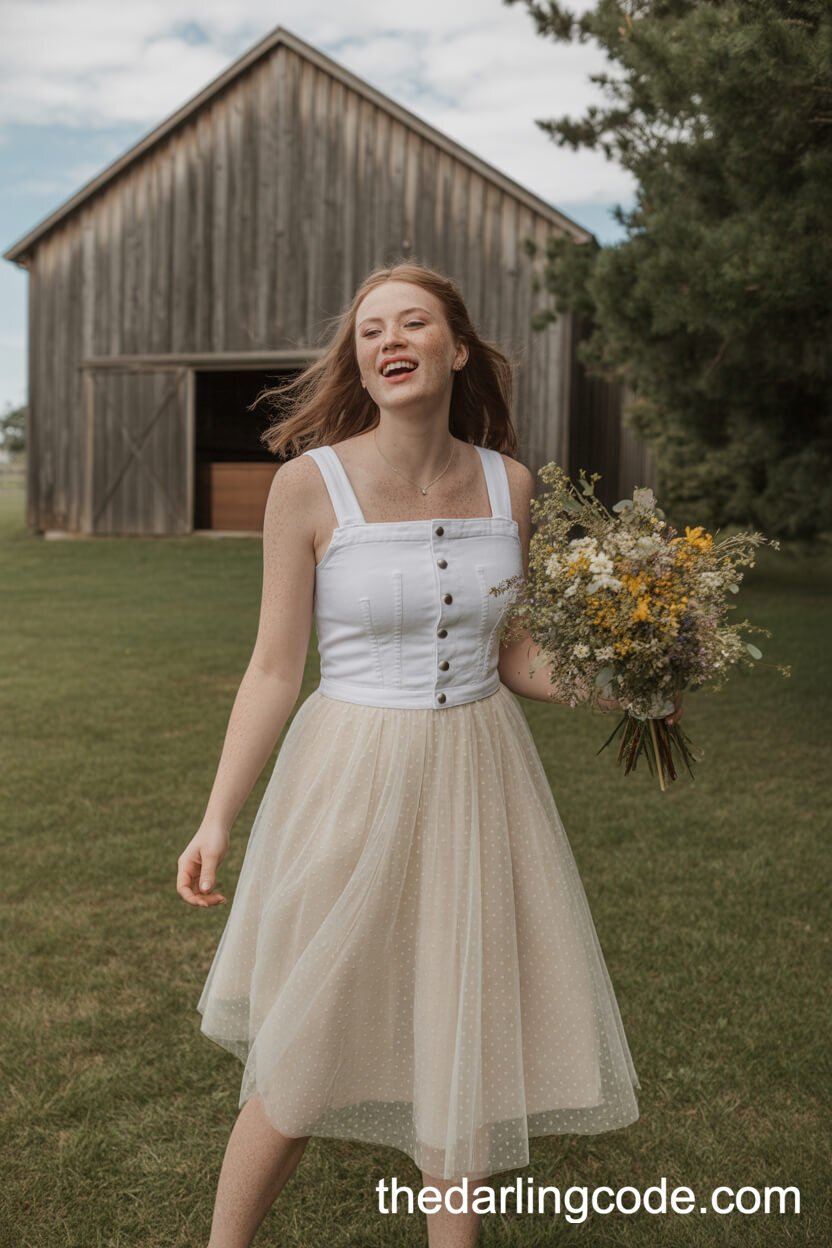 White Denim Bodice Wedding Dress With Tulle Skirt