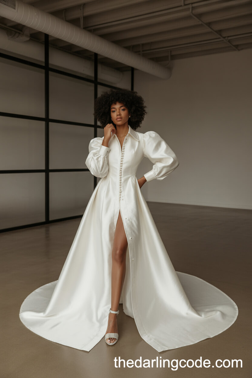 Shirt-Inspired Wedding Dress With Pearl Buttons And Dramatic Train