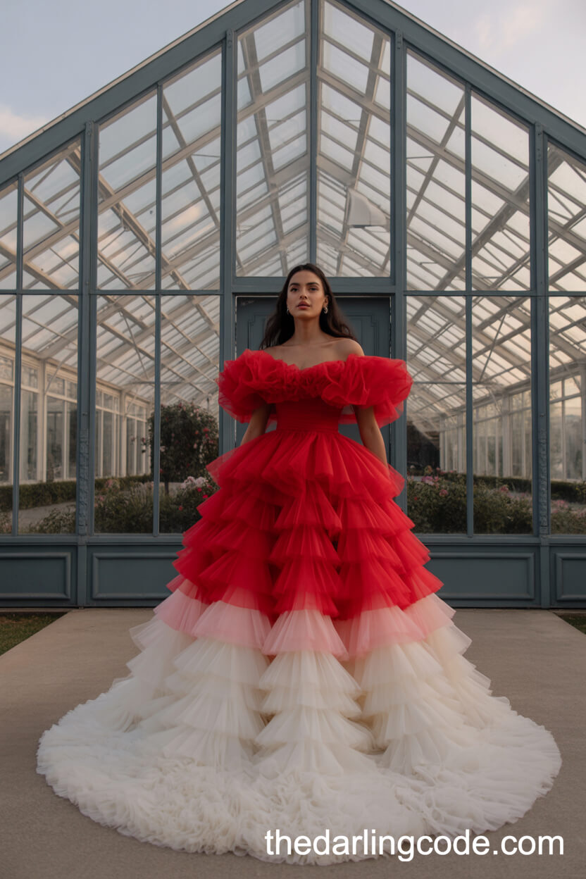 Red-To-White Ombre Ruffled Wedding Dress