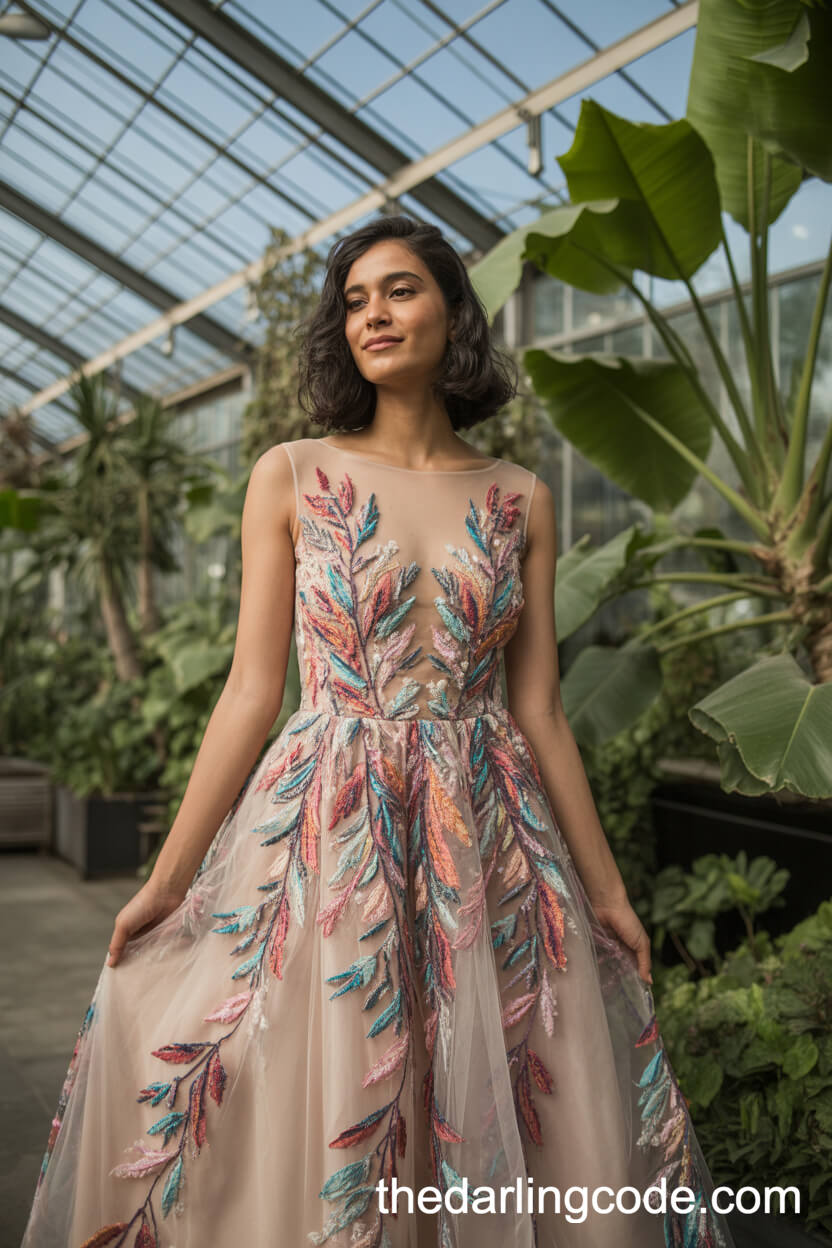 Sheer Illusion Tulle Wedding Dress With Oversized Botanical Embroidery