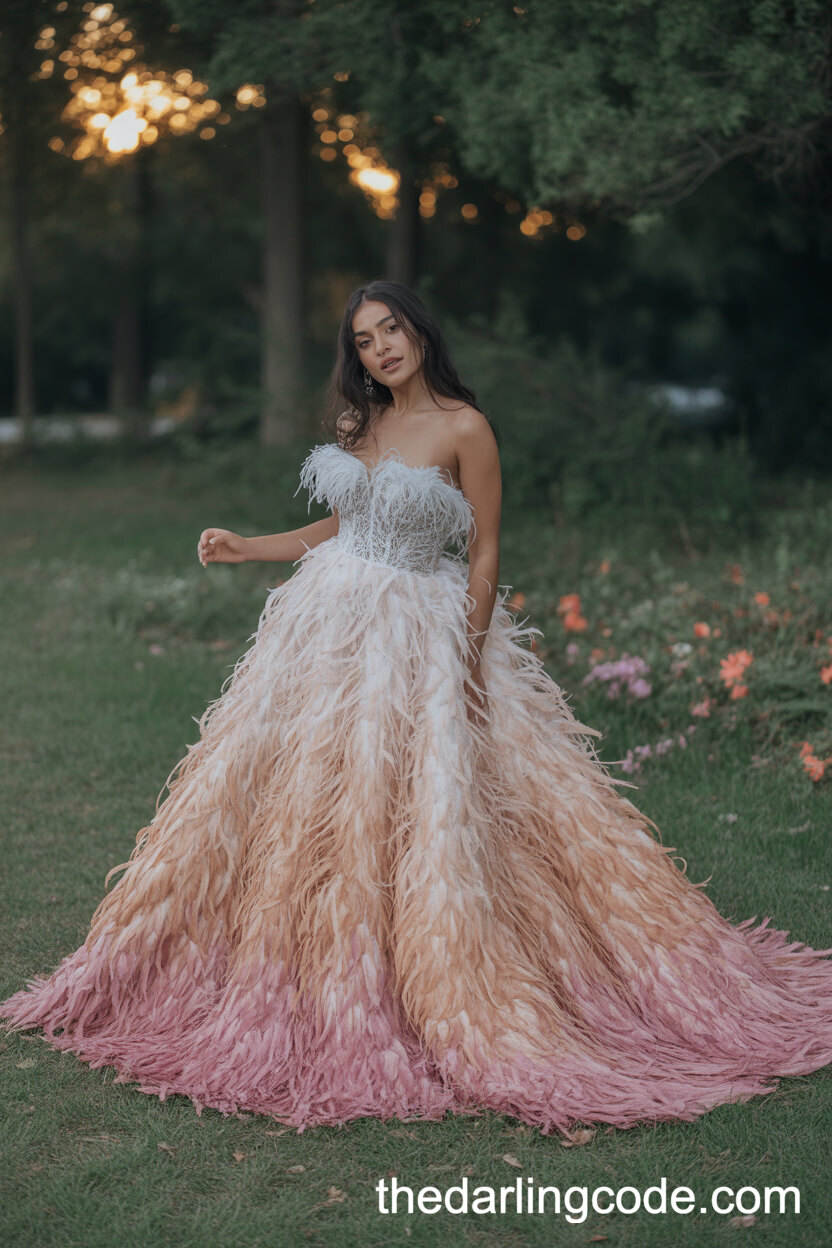 Ombré Feather-Covered Full-Length Wedding Gown