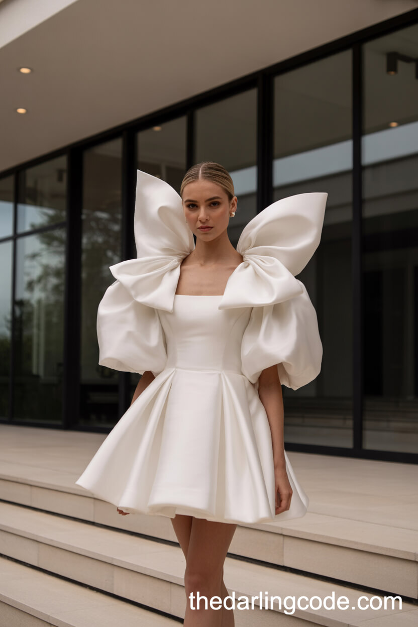 Short White Wedding Dress With Sculptural Bow Back And Balloon Sleeves