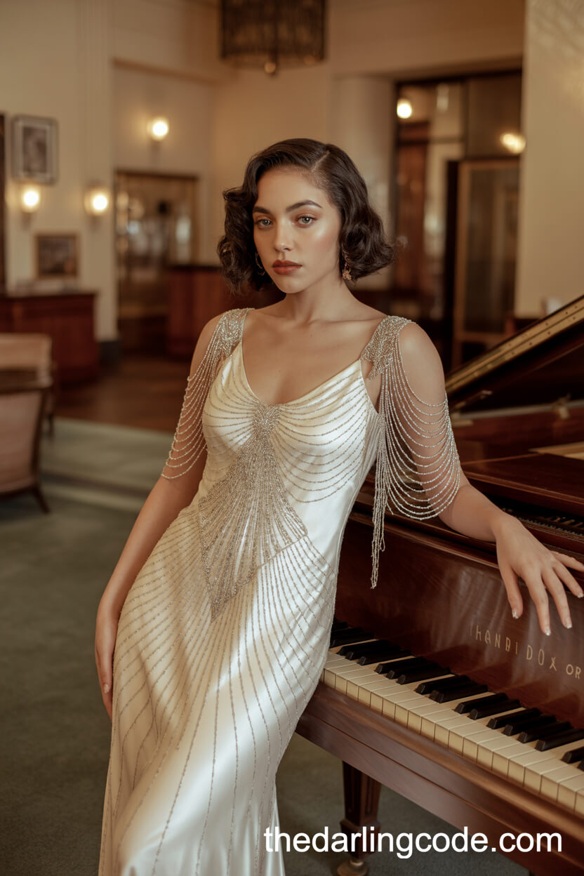 1920s-Inspired Satin Wedding Gown With Art Deco Beadwork