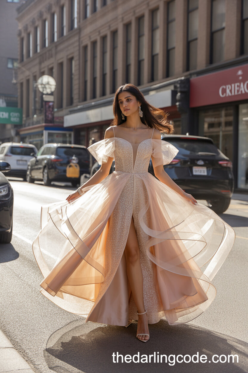 Layered Organza And Tulle Wedding Dress With High Slit
