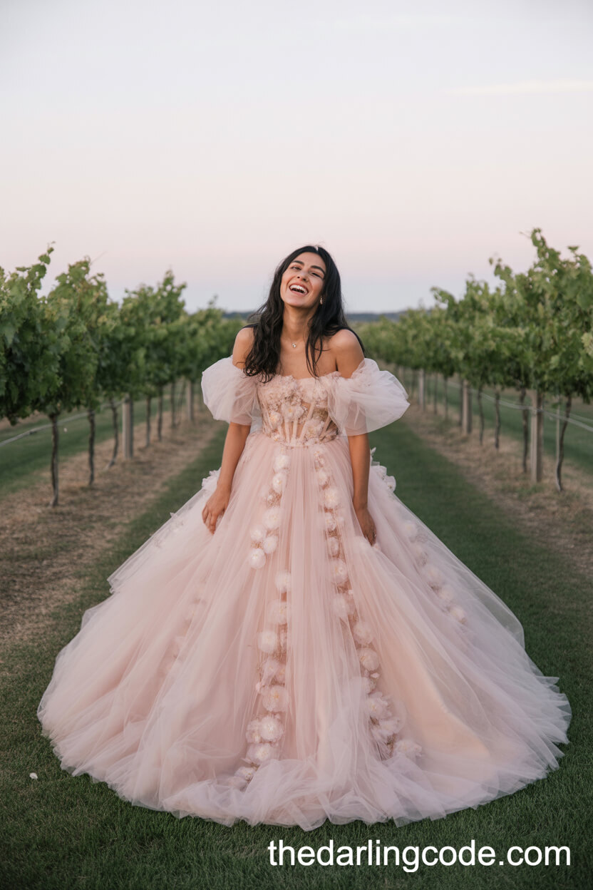 Pastel Blush Tulle Ballgown With Floral Appliqué