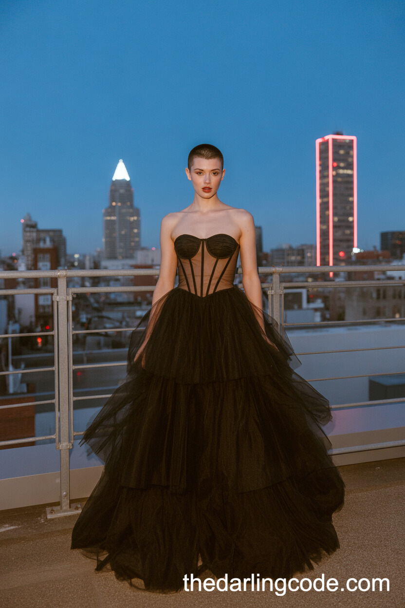 Jet-Black Corset Wedding Dress With Layered Tulle Skirt