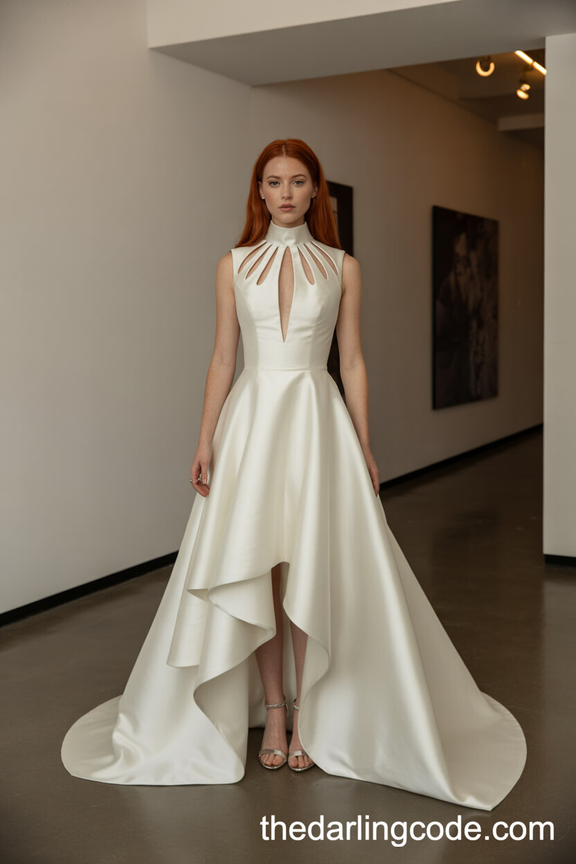 High-Neck Satin Wedding Dress With Artistic Cutouts And Asymmetrical Hem