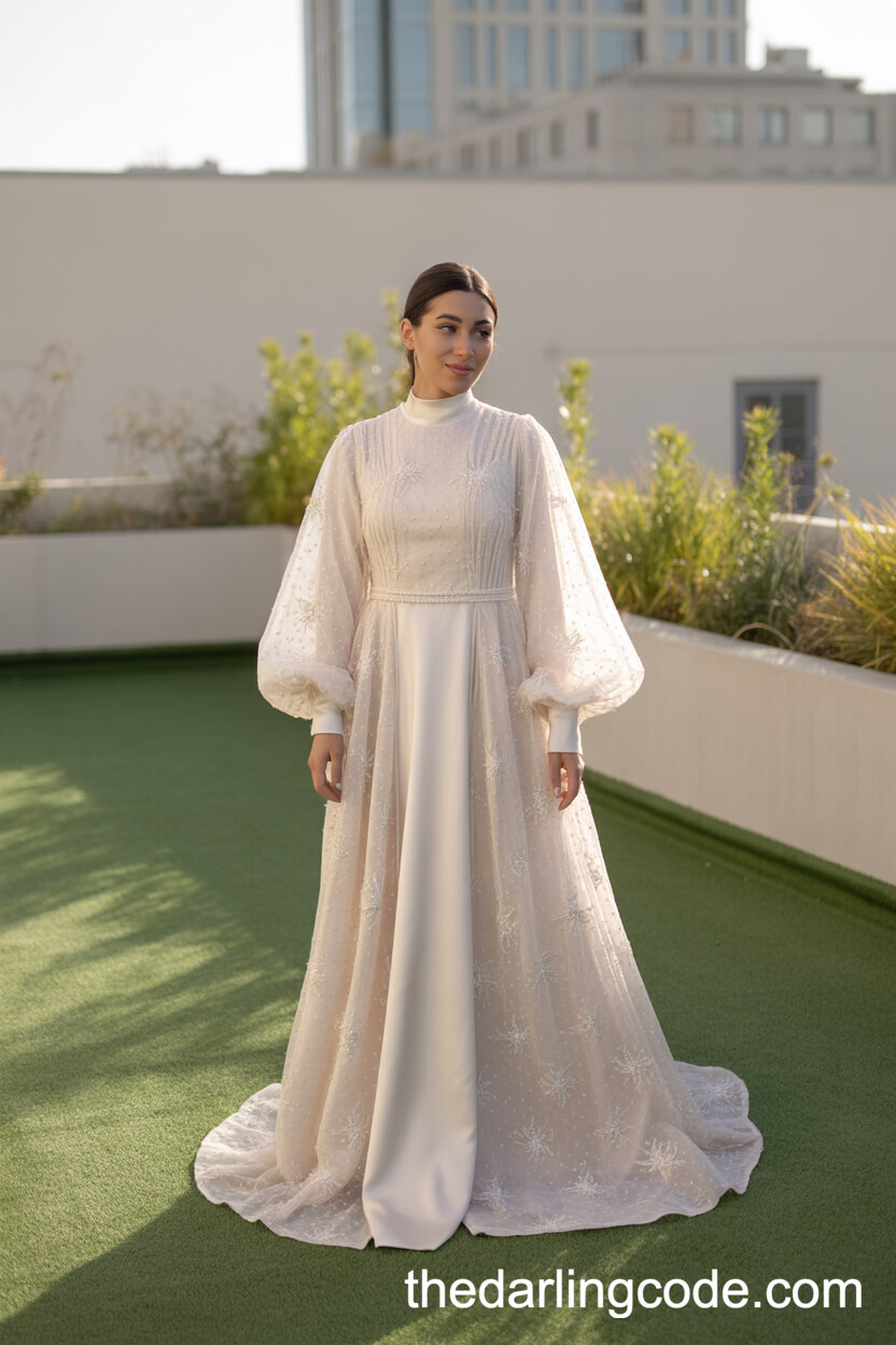 Modest Sheer Embroidered Overlay Wedding Dress