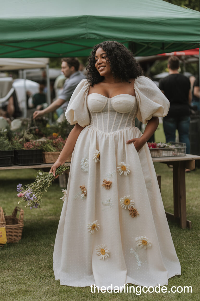 Off-White Puff Sleeve Wedding Dress With 3D Wildflower Appliqué