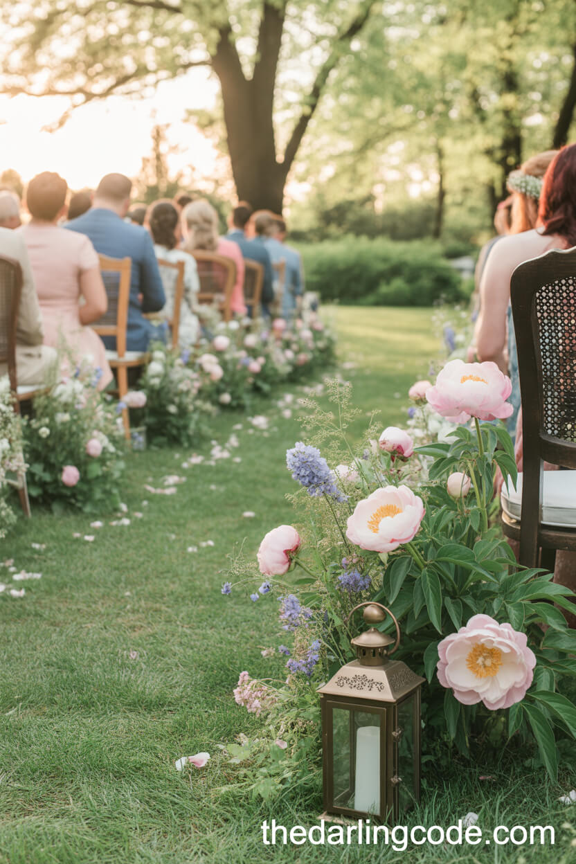 Romantic Vintage Garden Wedding Aisle With Blooming Peonies And Antique Lanterns