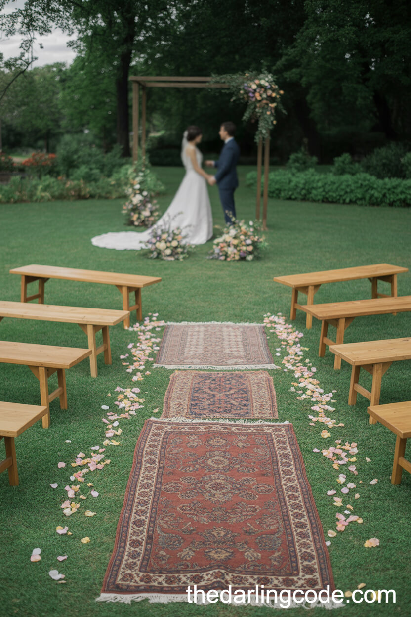 Circular Ceremony Setup With Wildflower Altar And Vintage Rugs