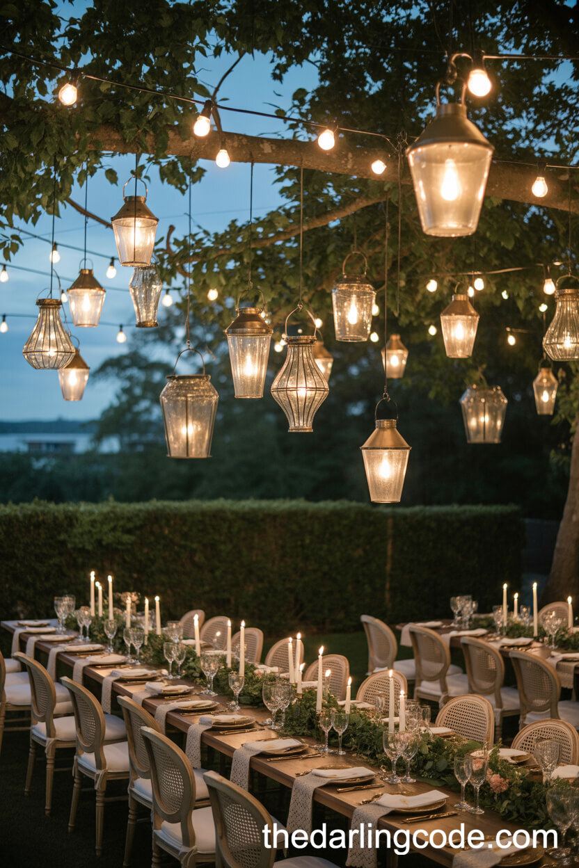Twilight Garden Reception With Hanging Antique Lanterns