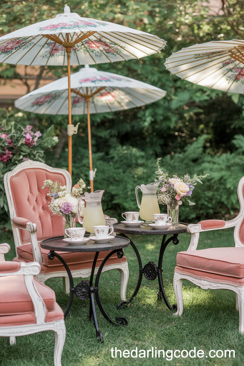 Garden Lounge With Vintage Parasols And Velvet Armchairs
