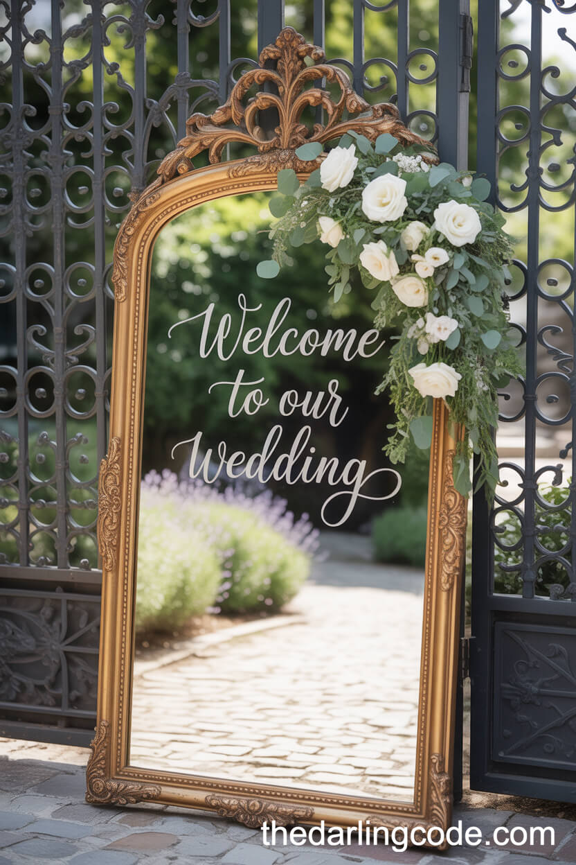 Vintage Gilded Mirror Welcome Sign With Fresh Florals