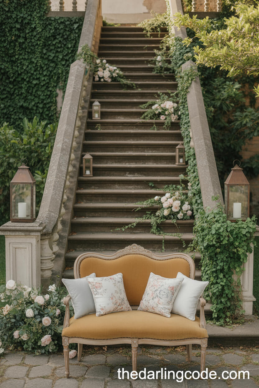 Ivy-Draped Stone Staircase With Velvet Settee Photo Spot