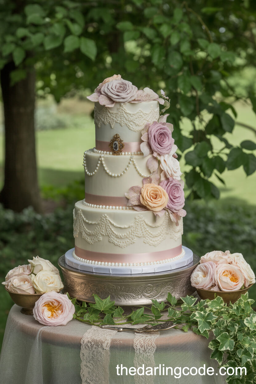 Intricate Three-Tiered Vintage Garden Wedding Cake