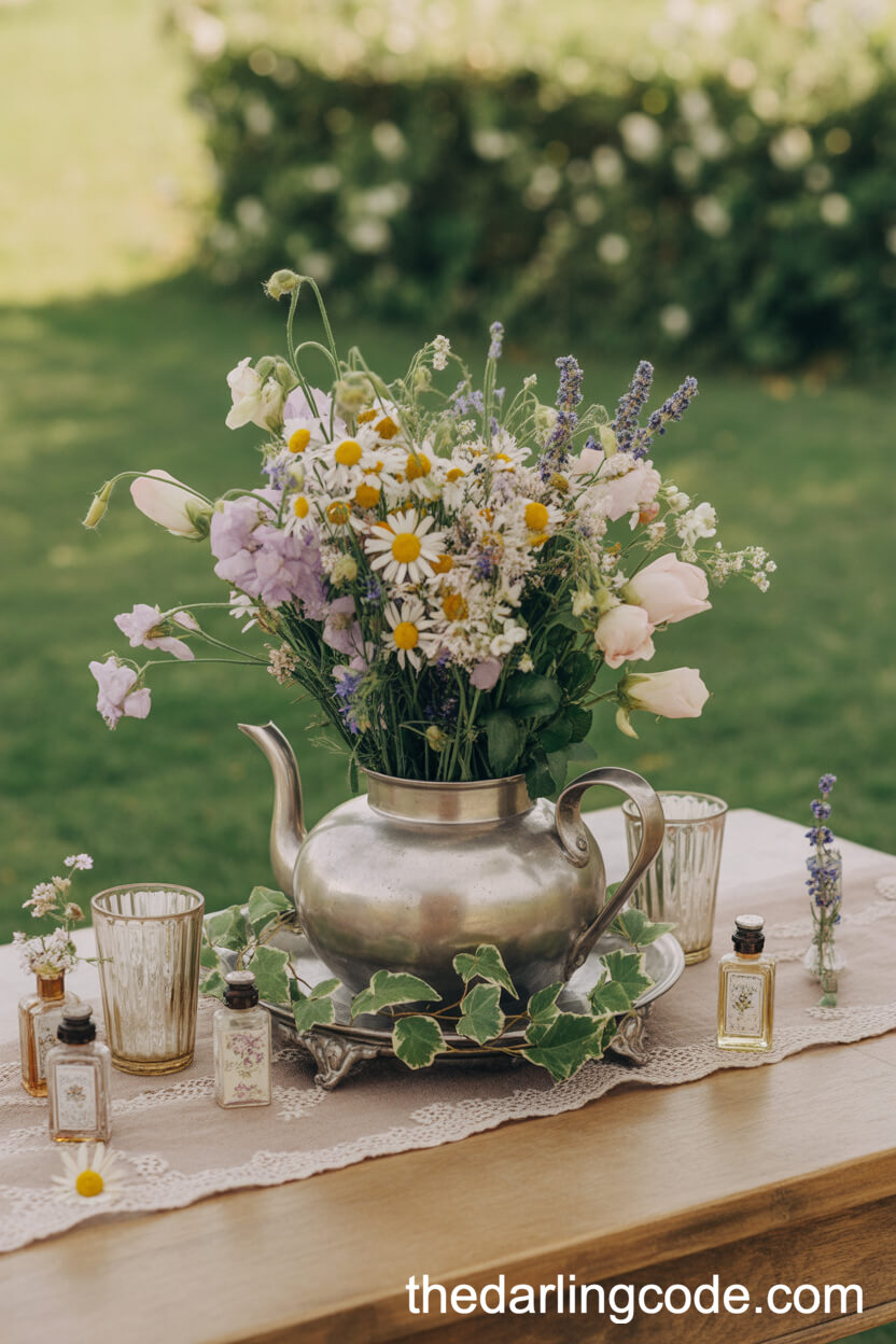 Wildflower Centerpiece In Antique Silver Teapot