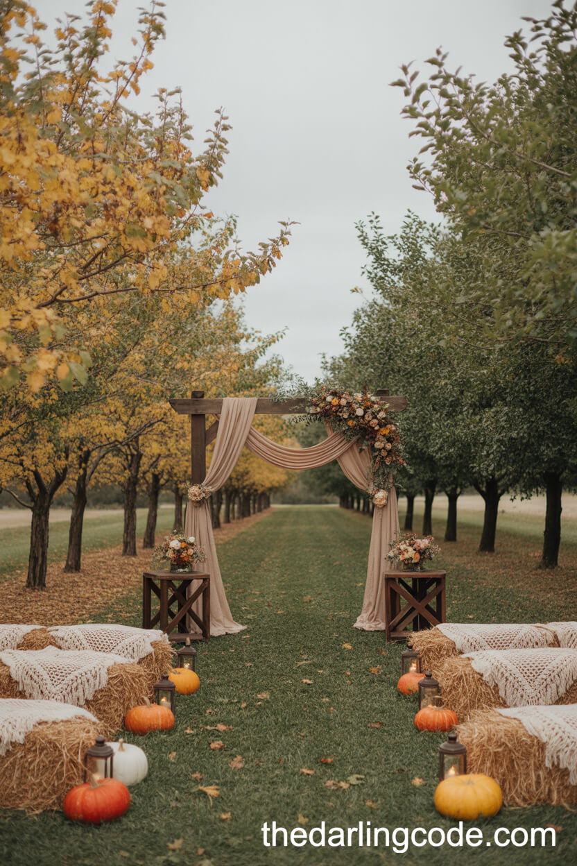 Dreamy Fall Orchard Ceremony With Rustic Archway And Hay Bale Seating