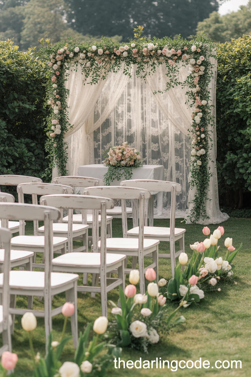 Outdoor Wedding Ceremony With Lace-Draped Altar And Floral Garlands