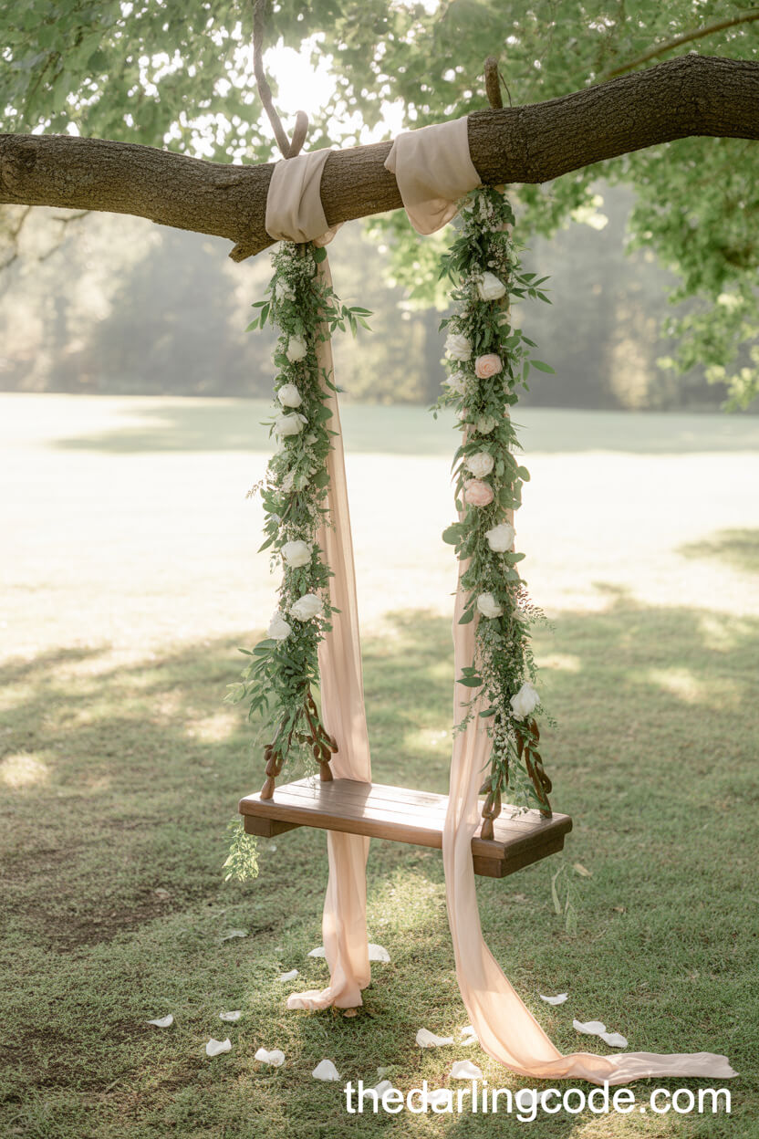 Floral-Draped Vintage Garden Swing For Whimsical Wedding Photos