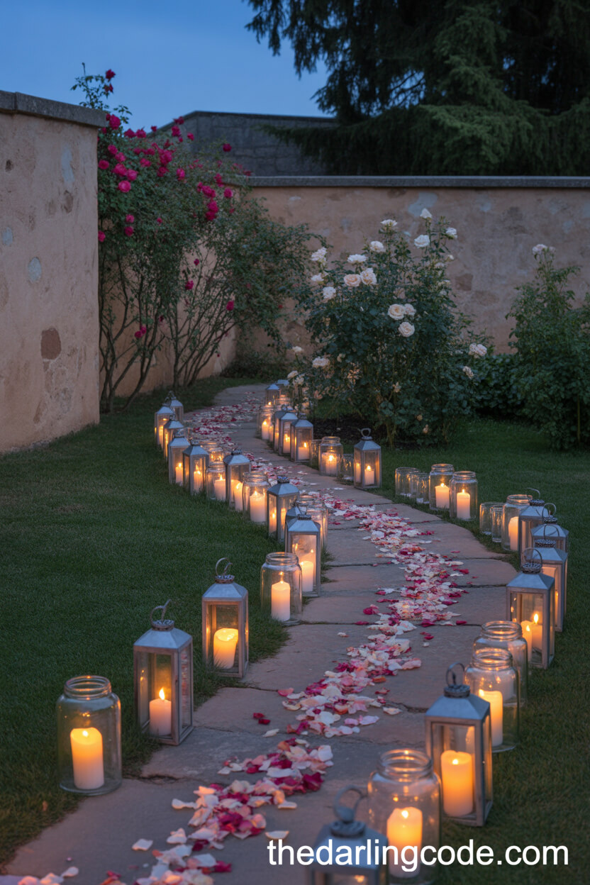 Dusk Garden Pathway Lined With Lanterns And Candles