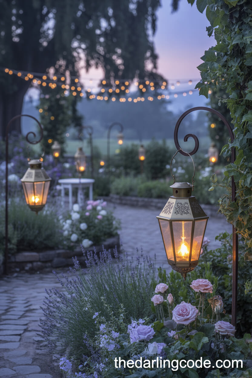 Twilight Garden Pathway With Hanging Lanterns