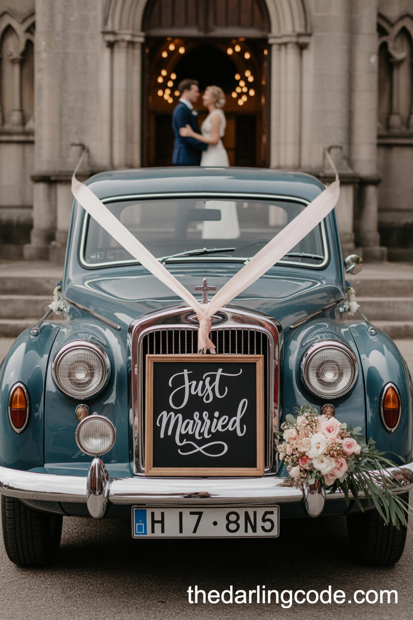 Romantic Vintage Car Send-Off With “Just Married” Sign