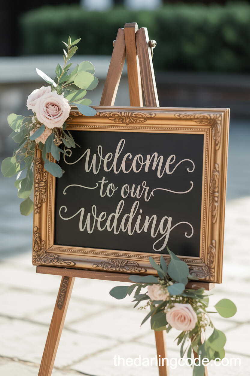 Gold-Framed Vintage Welcome Sign With Floral Accents