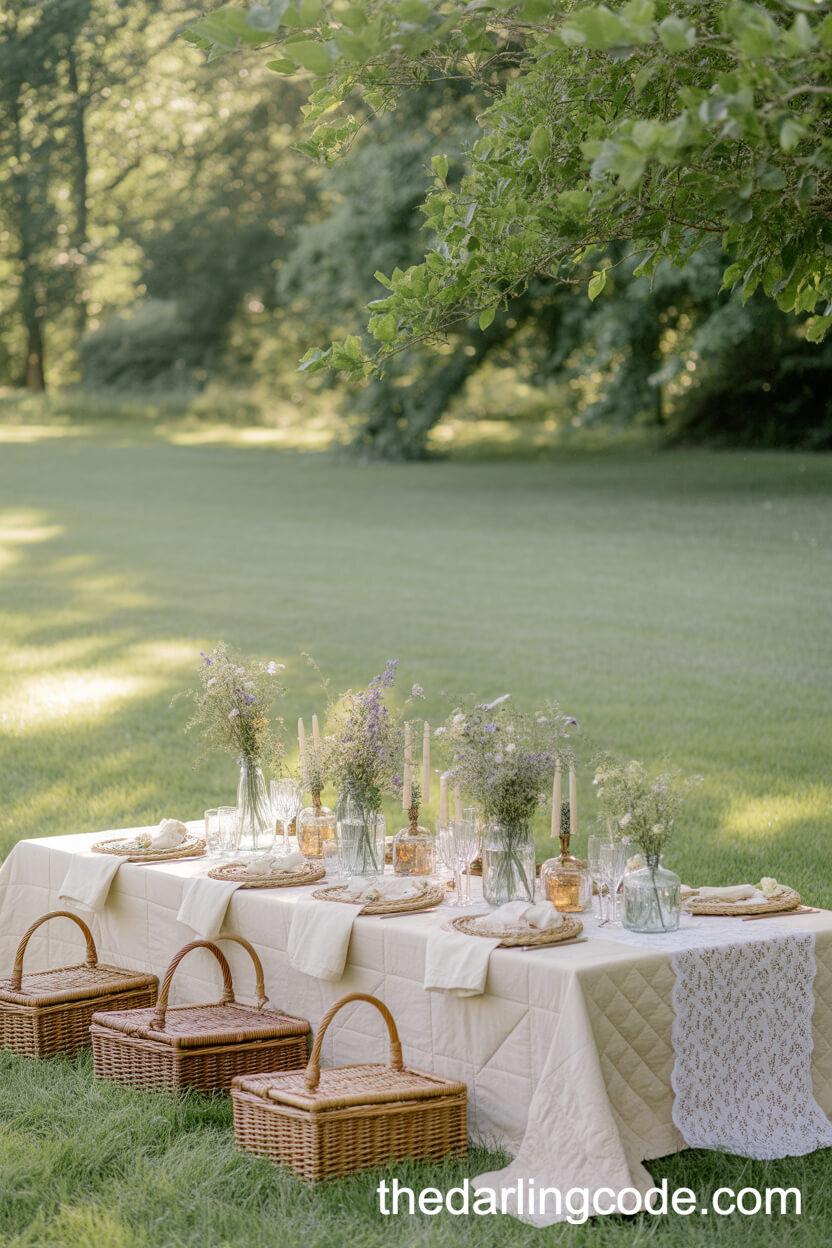 Picnic-Style Reception With Vintage Quilts And Baskets