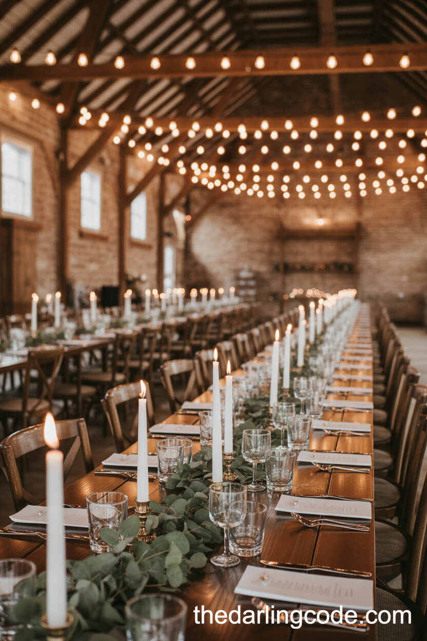 Barn Reception With Eucalyptus And Candlelit Tables