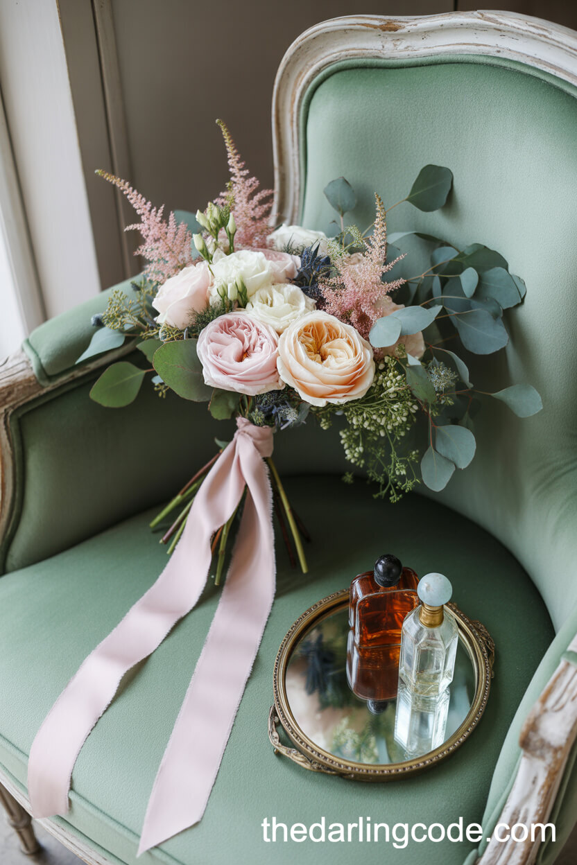 Bridal Bouquet Flat Lay With Antique Perfume Bottles