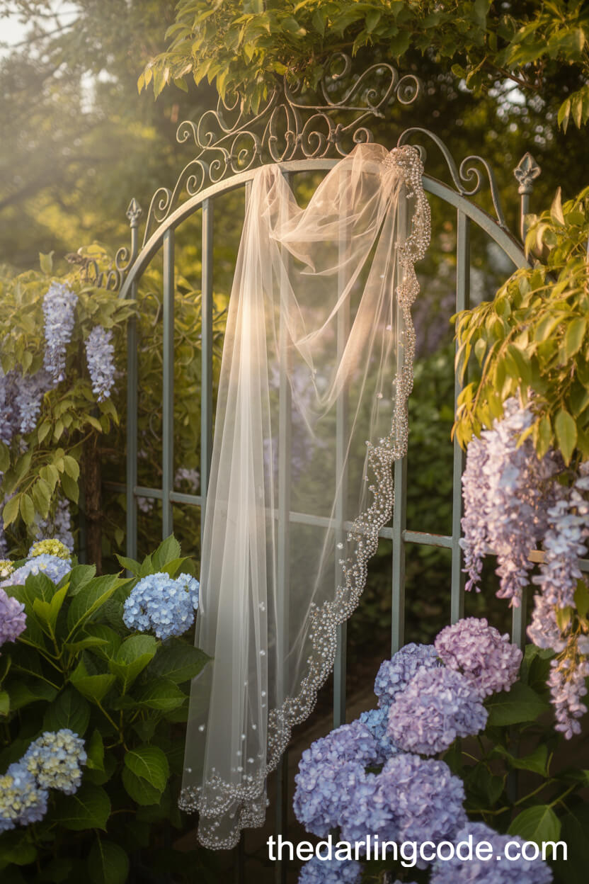 Vintage Veil Displayed On An Iron Garden Gate