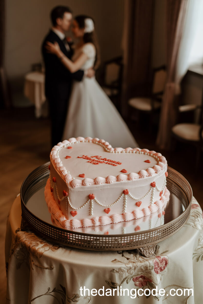 Heart-Shaped Vintage Wedding Cake with Pink Ruffles