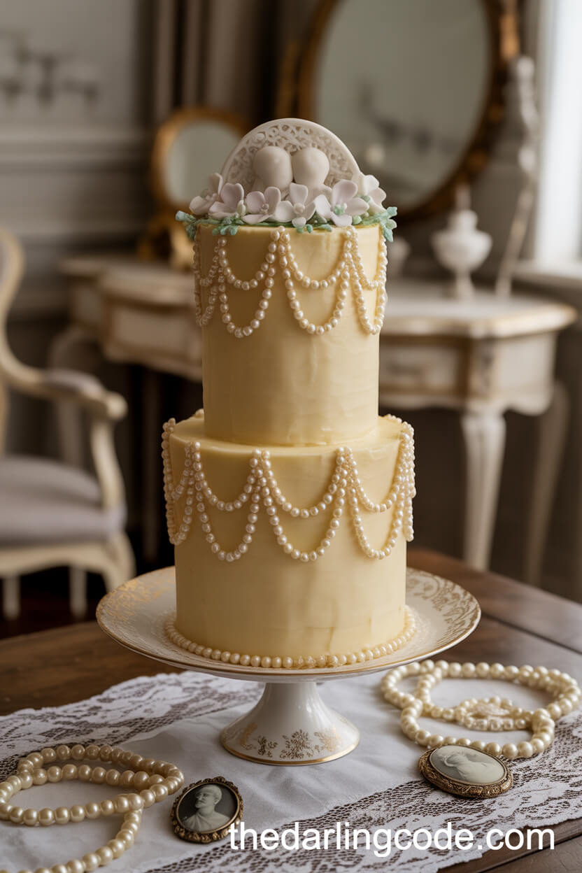 Ivory Cake with Edible Pearl Garlands and Sugar Juliet Cap
