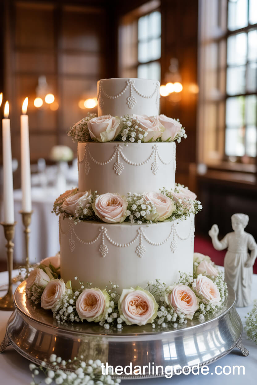 Edwardian-Inspired Fondant Cake with Silver Scrolls and Fresh Roses
